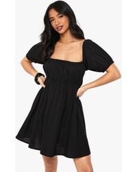 Boohoo - Petite Linen Puff Sleeve Smock Mini Dress - Lyst