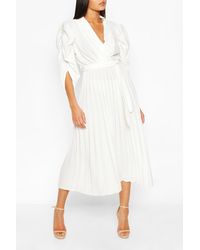 Boohoo Puff Sleeve Pleated Skirt Midi Dress - White