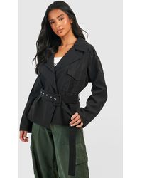 Boohoo - Petite Pocket Detail Crop Belted Trench Coat - Lyst