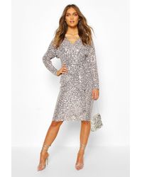 Boohoo Womens Besonderer Anlass Brautjungfern-Midikleid Mit Tiefem Ausschnitt Und Pailletten - Grau