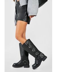 Boohoo - Multi Buckle Burnished Pu Chunky Knee High Boots - Lyst