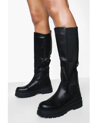 Boohoo Chunky Knee High Chelsea Boots - Black