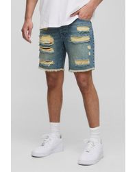Boohoo - Pantalón Corto Vaquero Recto Roto Con Lavado A La Piedra Azul - Lyst