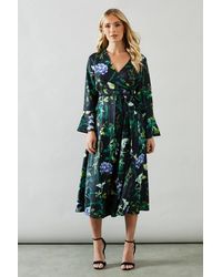 Wallis - Petite Floral Satin Jacquard Wrap Midi Dress - Lyst