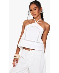 Boohoo - Embroidered Lace Insert Halterneck Cotton Poplin Cami Top - Lyst