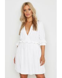 white frill detail pleated skater dress