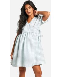 Boohoo - Maternity Gingham Puff Sleeve Wrap Mini Smock Dress - Lyst