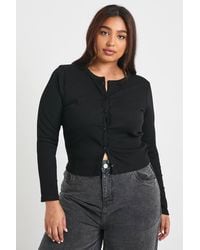 Boohoo - Plus Rib Lace Trim Detail Button Through Long Sleeve Top - Lyst