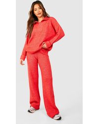 Boohoo - Half Zip Funnel Neck And Wide Leg Trouser Knitted Set - Lyst