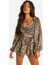 Boohoo - Animal Print Split Sleeve Romper - Lyst