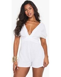 Boohoo - Linen Tie Back Puff Sleeve Romper - Lyst