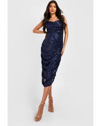Boohoo - Maternity Sequin Cowl Neck Ruched Midi Dress - Lyst
