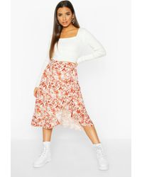 Boohoo Womens Midirock mit Rüschensaum und herbstlichem Blumenmuster - Mehrfarbig