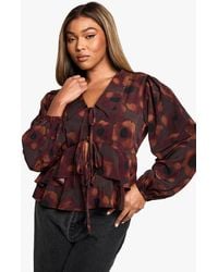 Boohoo - Plus Floral Tie Front Ruffle Blouse - Lyst