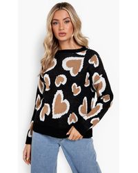 Boohoo Heart Print Knitted Sweater - Black