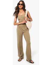 Boohoo - Ribbed Henley Button Sleeveless Tank And Straight Leg Trouser Co-Ord - Lyst
