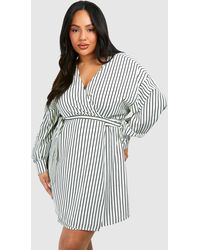 Boohoo - Plus Stripe Wrap Belted Shirt Dress - Lyst