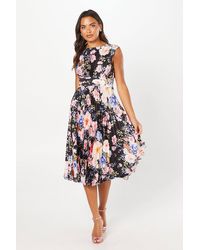Coast - Printed Pleated Satin Midi Wedding Guest Dress - Lyst