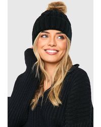Boohoo - Cable Knit Faux Fur Pom Beanie - Lyst