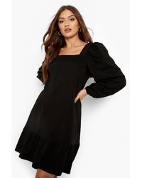 printed puff sleeve ruffle neck smock dress