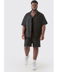 Boohoo - Plus Short Sleeve Drop Revere Linen Shirt & Short Set In Black - Lyst