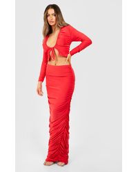 Boohoo - Slinky Tie Front Ruched Long Sleeve Top & Midi Skirt - Lyst