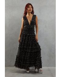 Warehouse - Tulle Spot Sleeveless Plunge Neck Gathered Waist Tier Maxi Dress - Lyst