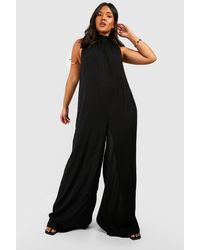 Boohoo - Plus Cheesecloth Halter Neck Wide Leg Jumpsuit - Lyst