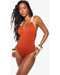 Boohoo - Macrame Strap Cross Back Swimsuit - Lyst