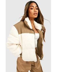 Boohoo - Teddy Faux Fur Panelled Puffer Jacket - Lyst