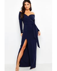 off the shoulder wrap thigh split maxi dress