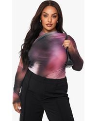 Boohoo - Plus Printed Mesh Cross Over One Piece - Lyst