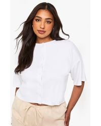 Boohoo - Plus Rib Button Through Slouchy 3/4 Sleeve Top - Lyst