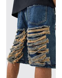 BoohooMAN - Relaxed Rigid Extreme Ripped Denim Jort In Antique Blue - Lyst