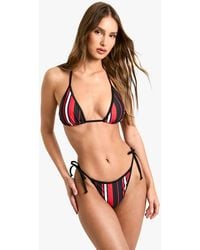 Boohoo - Sports Stripe Contrast Binding Triangle Bikini Top & Tie Side Bikini Bottoms Set - Lyst