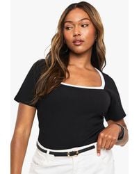 Boohoo - Plus Rib Contrast Binding Square Neck Short Sleeve One Piece - Lyst