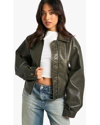 Boohoo - Petite Vintage Look Faux Leather Bomber Jacket - Lyst