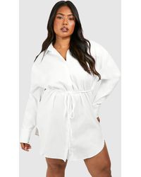Boohoo - Plus Cotton Cinched Waist Shoulder Pad Shirt Dress - Lyst