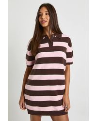 Boohoo - Stripe Collared Oversized Knitted Dress - Lyst