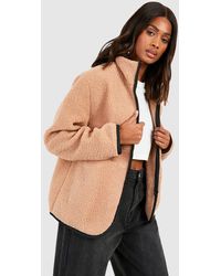 Boohoo - Funnel Neck Contrast Trim Teddy Faux Fur Jacket - Lyst