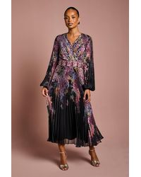 Coast - Petite Placement Print Long Sleeve Chiffon Pleated Wrap Dress - Lyst