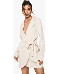 Boohoo - Linen Look Wrap Drape Front Tailored Blazer Dress - Lyst