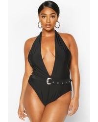 Boohoo Womens Plus Plunge Halter Neck Belted Swimsuit - Schwarz