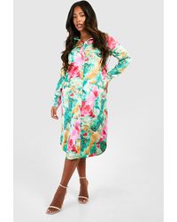 Boohoo - Plus Floral Print Satin Midi Shirt Dress - Lyst