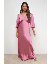 Oasis - Satin V Neck Balloon Sleeve Bias Midi Dress - Lyst