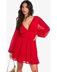 Boohoo - Petite Chiffon Tie Waist Balloon Sleeve Mini Dress - Lyst