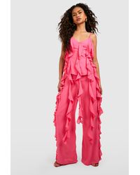 Boohoo - Chiffon Ruffle Side Wide Leg Pants - Lyst