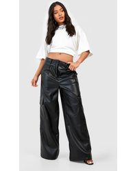 Boohoo - Petite Leather Look High Waisted Cargo Trousers - Lyst