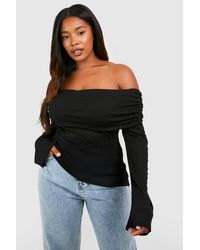 Boohoo - Plus Off The Shoulder Ruched Flare Sleeve Top - Lyst