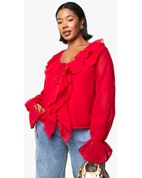 Boohoo - Plus Chiffon Ruffle Tie Detail Blouse - Lyst